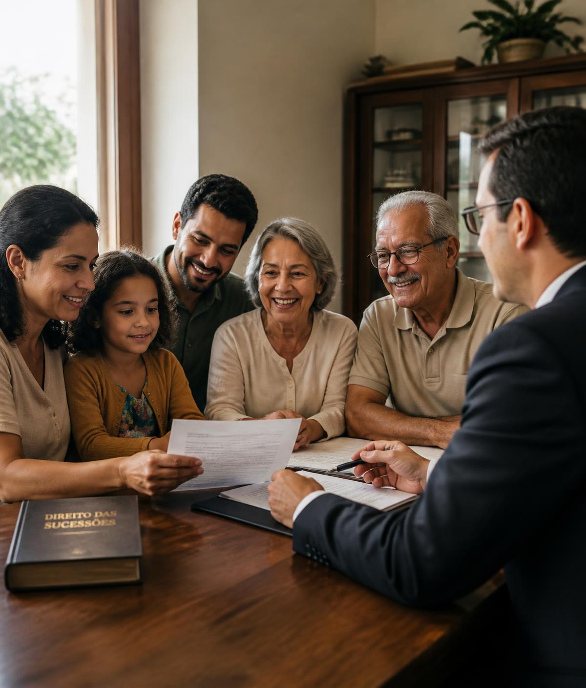 Família reunida analisando documentos com apoio jurídico